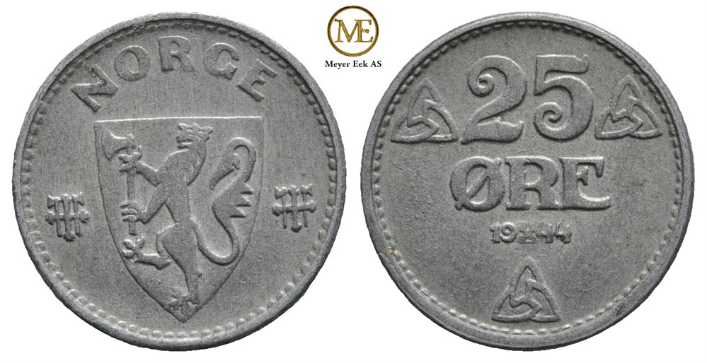 25 øre 1944 zink. Haakon VII. Kv.0