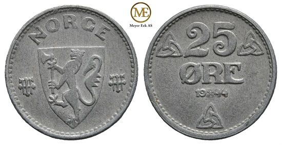 25 øre 1944 zink. Haakon VII. Kv.0