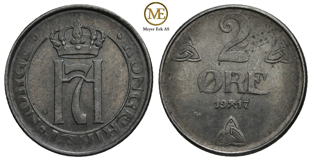 2 øre 1917 Haakon VII. Dobbeltstrek. Kv.0/01