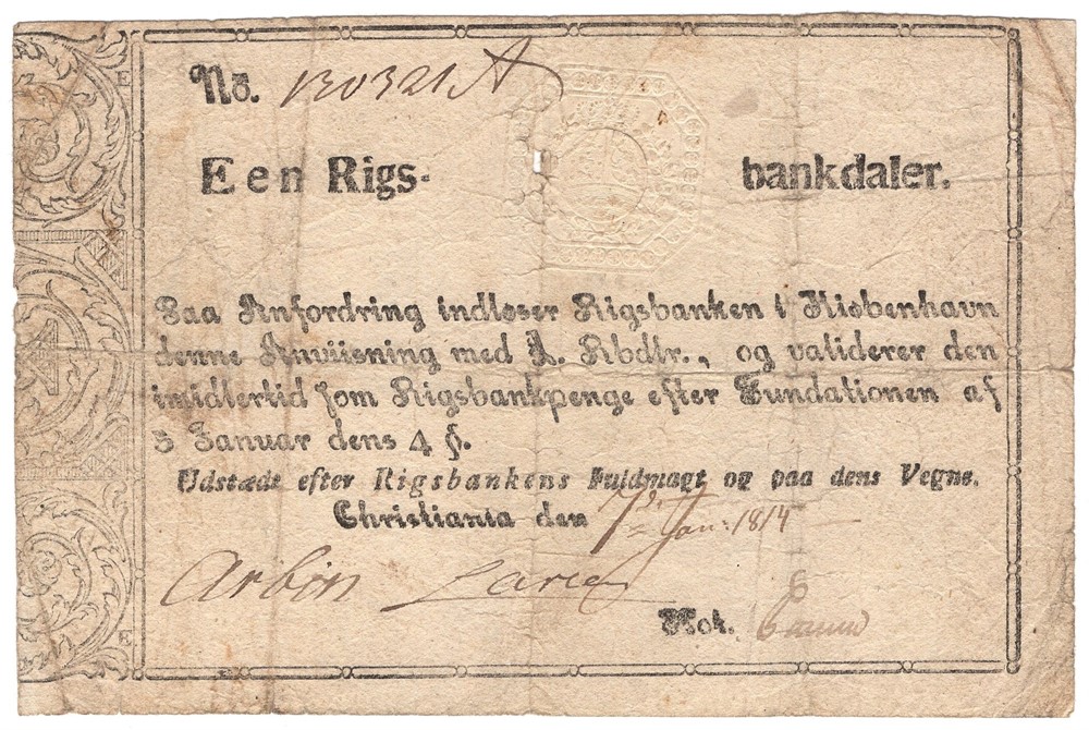 1 Rigsbankdaler Christiania 7. Januar 1914. Kv.1-