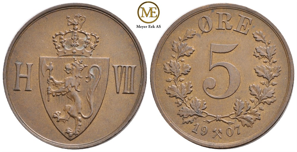 5 øre 1907 Haakon VII. Kv.0