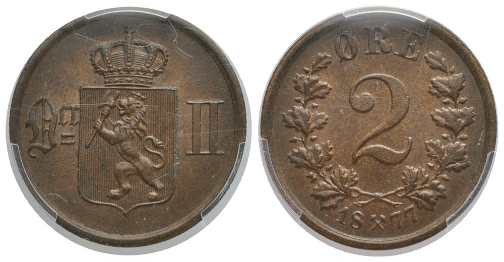 2 øre 1877 Oscar II. Kv.0