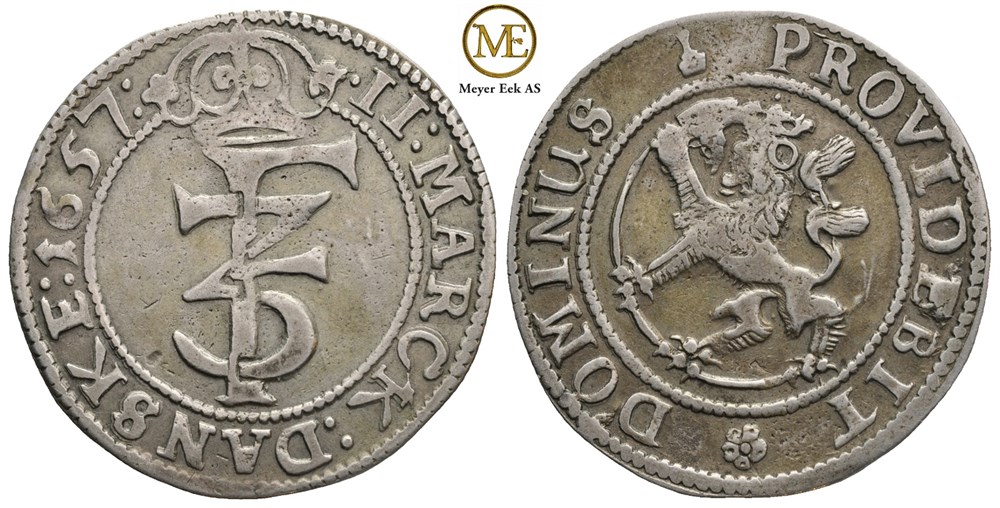 2 mark 1657 Frederik III. Kv.1+