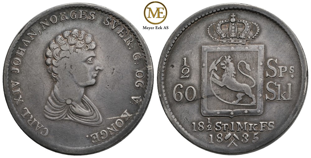 1/2 speciedaler 1835 Carl XIV Johan. Kv.1