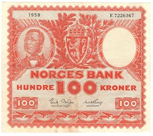 100 kroner 1958 F.7226367. Kv.1/1+