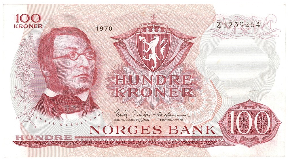 100 kroner 1970 Z.1239264. 1-million erstatningsseddel. Kv.0/01