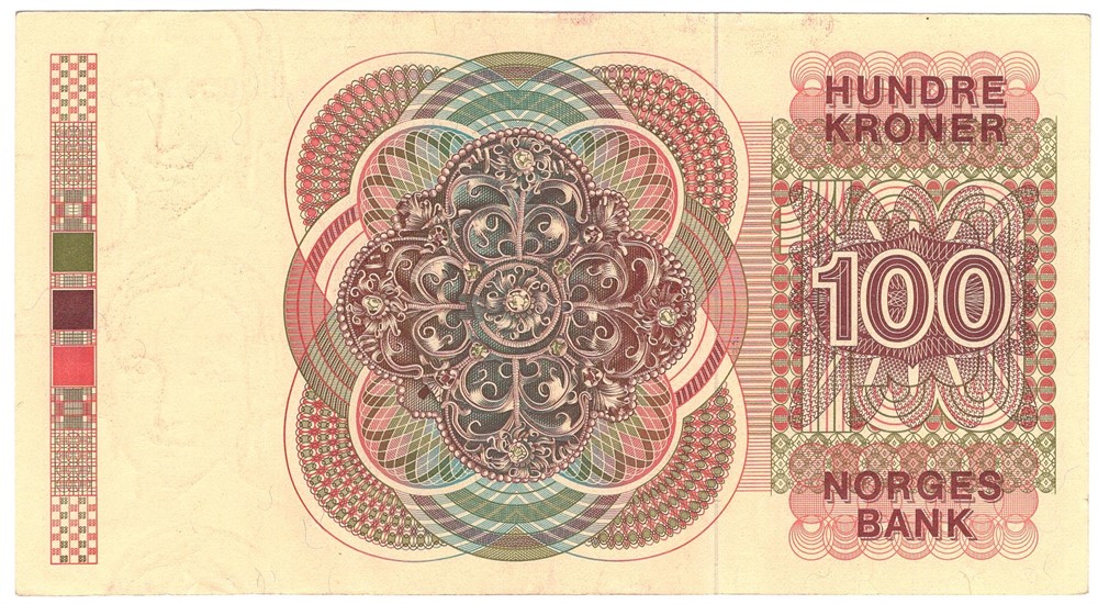 100 kroner 1977 HR. Erstatningsseddel. Brunt årstall. Kv.01