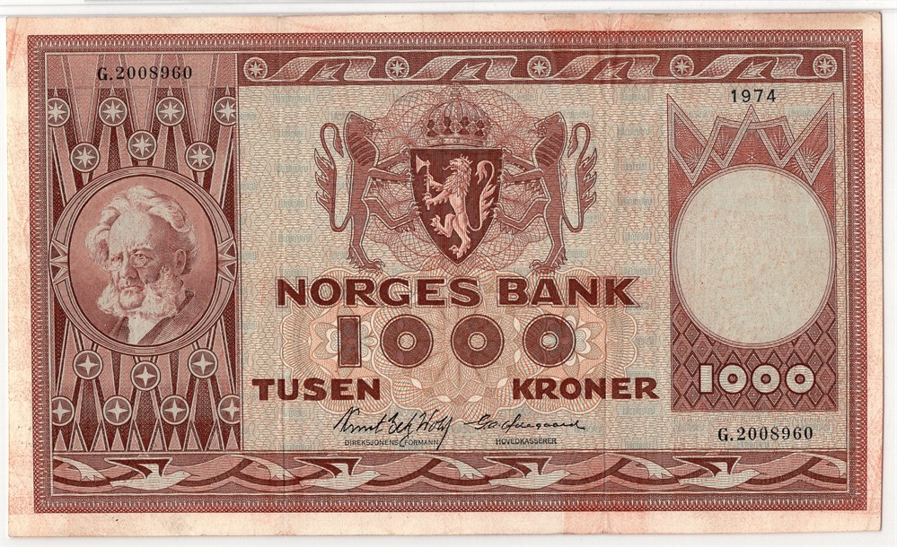 1000 kroner 1974 Erstatningsseddel. G.2008960. Gradert til 30 very fine hos PMG. SSS-seddel. Kv.1