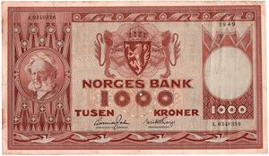 1000 kroner 1949 A.0340316. Kv.1