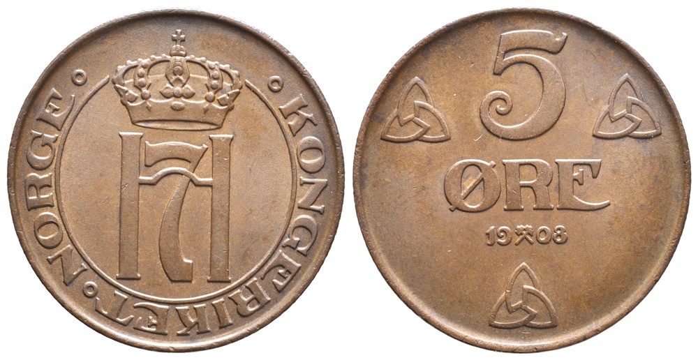 5 øre 1908 Haakon VII. Kv.0
