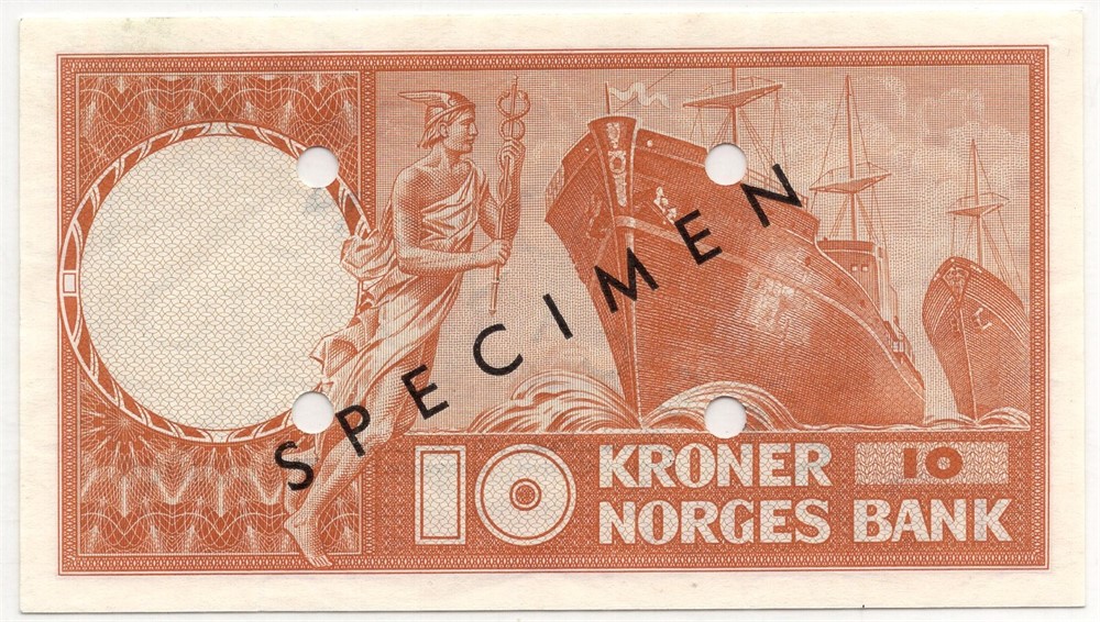 10 kroner 1954 X.0000000. Speciemen. Gradert til 65 EPQ hos PMG SSS-seddel. Kv.0