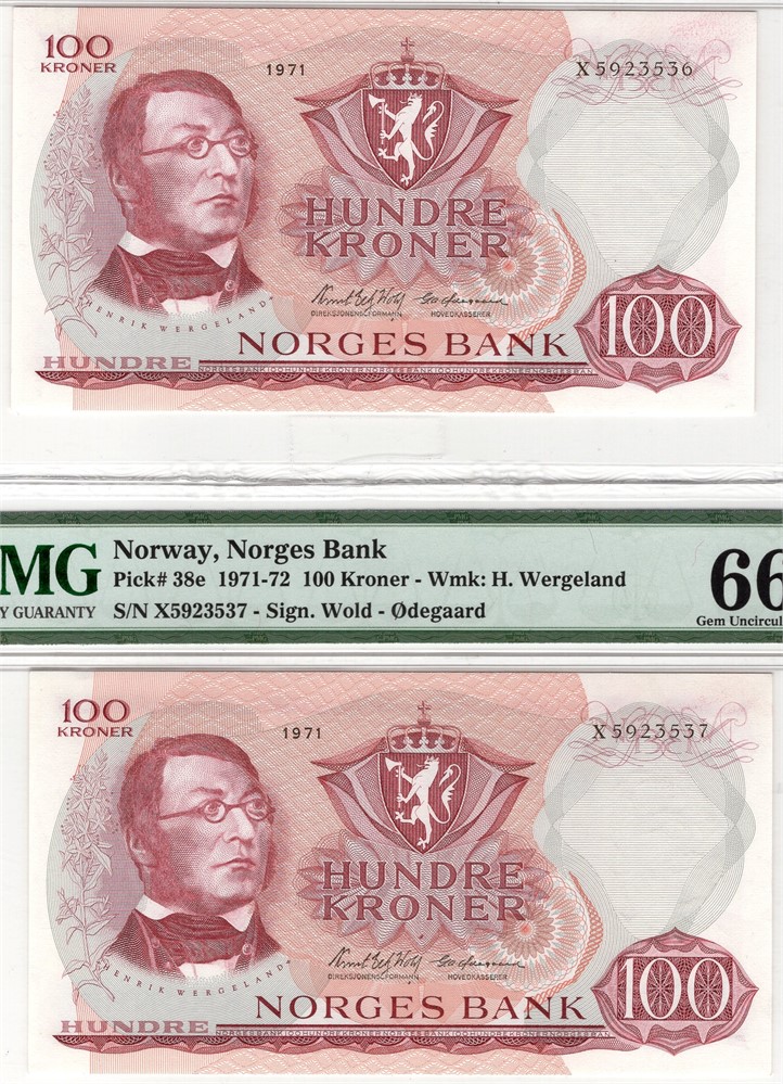 100 kroner 1971 X.5923536-7 erstatningsseddler i serie. Kv.0