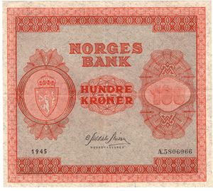 100 kroner 1945 A.5806066. Kv.1+