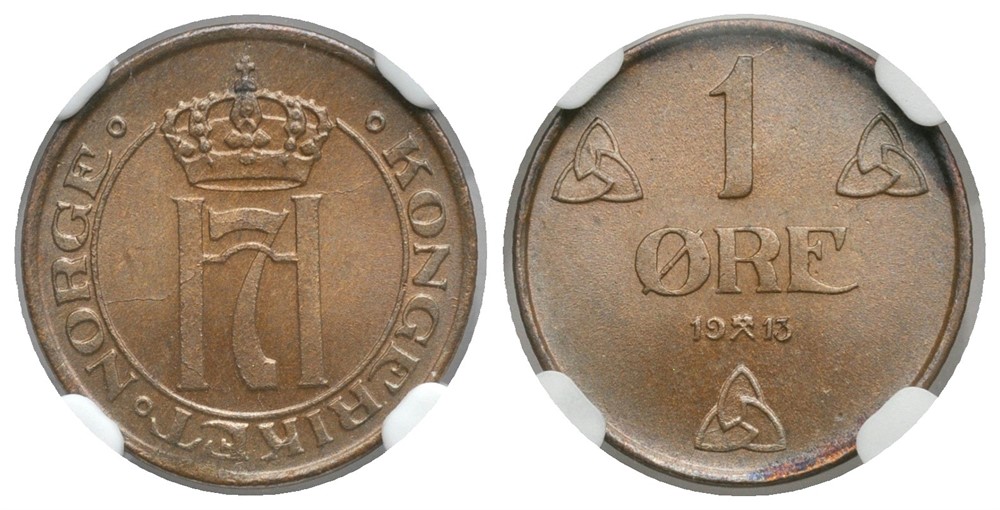 1 øre 1913 Haakon VII. MS 66. Prakt eksemplar.
