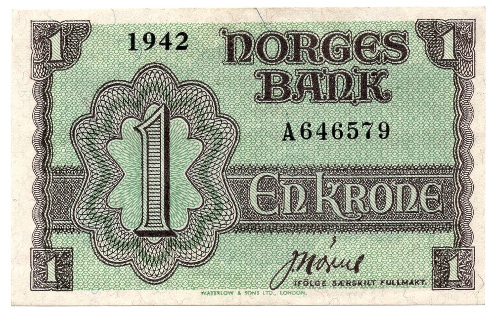 1 krone 1942 A.646579. London utg. Kv.01