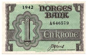 1 krone 1942 A.646579. London utg. Kv.01