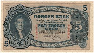 5 kroner 1943 V.8038319. Kv.0/01