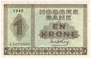 1 krone 1947 J.5093808. Kv.0/01