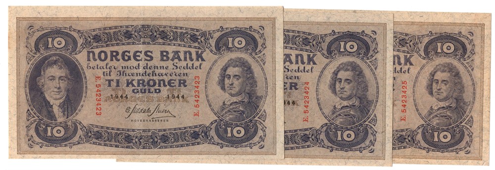 10 kroner 1944 E. i serie. Kv.01-0/01
