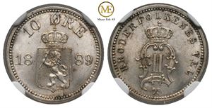 10 øre 1889 Oscar II. MS66. Kv.0