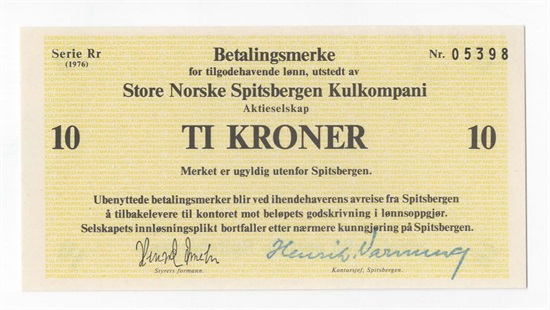 Spitsbergen Kullkompani 10 kroner 1976 Rr kv. 0