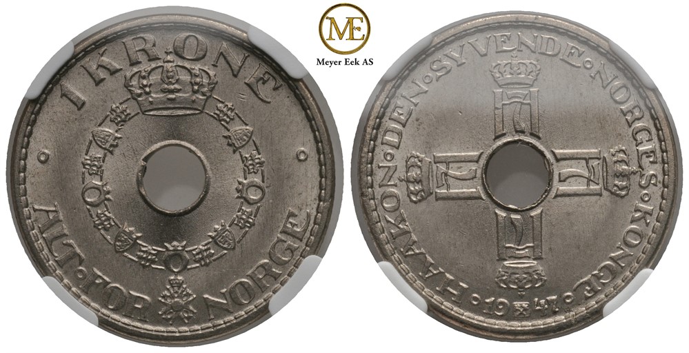 1 krone 1947 Haakon VII. Prakt eksemplar