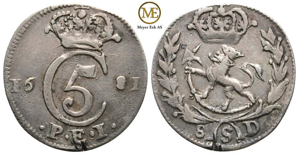 8 skilling 1681 Christian V. Kv.1/1+