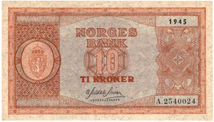 10 kroner 1945 A.2540024. Kv.0/01