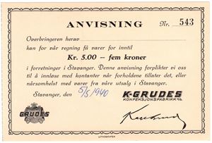 5 kroner 1940. Anvisning blankett K-Grudes konfeksjonsfabrikk. Kv.0