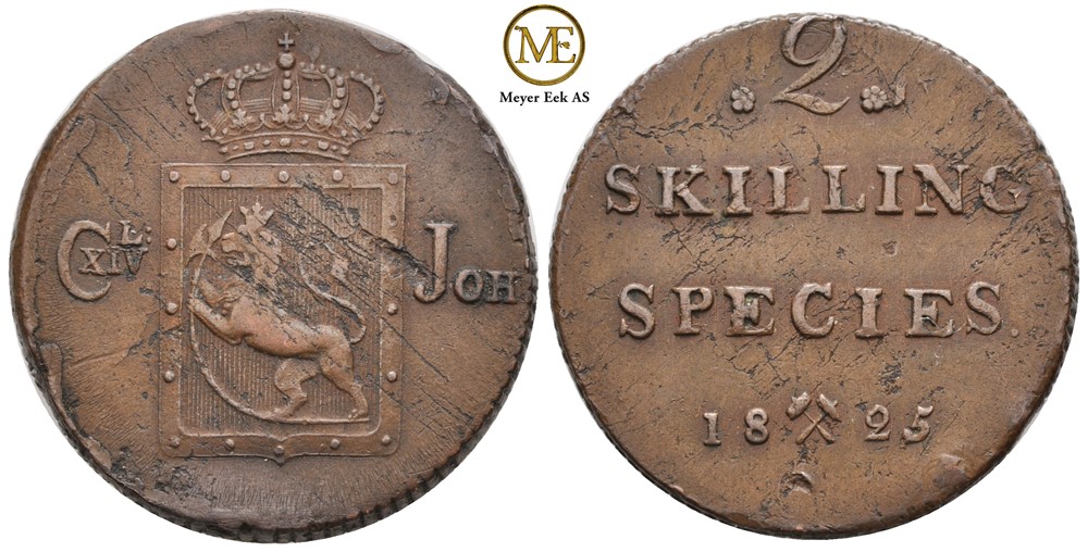 2 skilling 1825 Carl XIV Johan. Kv.1+