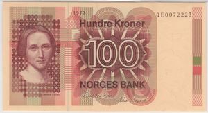 100 kroner 1977 QE erstatningsseddel. Kv.0
