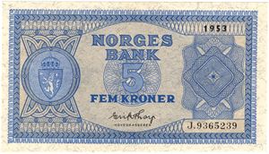 5 kroner 1953 J.9365239. Kv.0/01