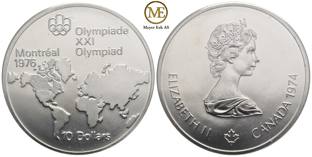10 dollar 1974 Kanada. Utgitt i forbindelse med OL i Montreal 1976. 1974 er kun preget i 320 eksemplarer ved en feil. I treskrin. Proof