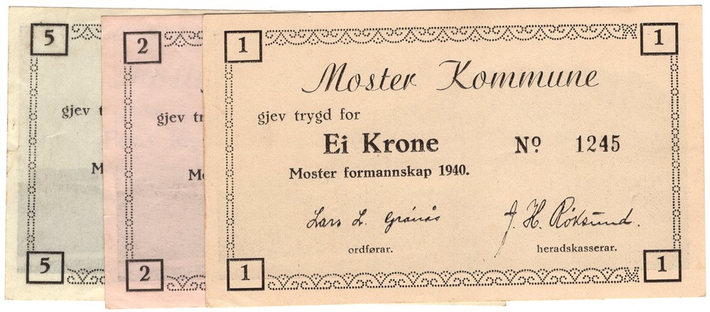 Nødseddel fra Moster kommune. 3 stk. VK.