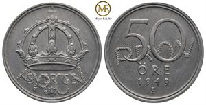 50 øre 1949 prøvemynt i aluminium. Kv.0/01