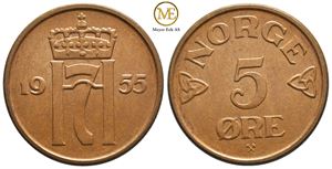 5 øre 1955 Haakon VII. Kv.0