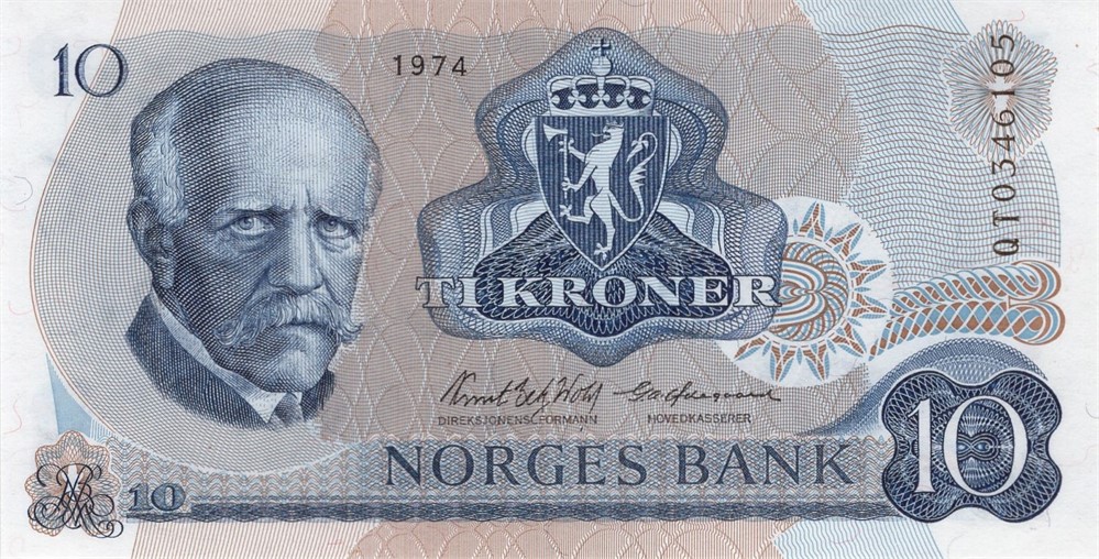 10 kroner 1974 QT erstatningsseddel. Kv.0