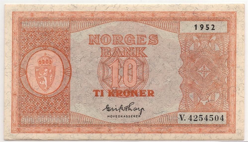 10 kroner 1952 i serie. V.4254503-04. Gradert til 64 og 65 EPQ hos PCGS. Kv.0