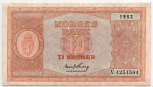 10 kroner 1952 i serie. V.4254503-04. Gradert til 64 og 65 EPQ hos PCGS. Kv.0