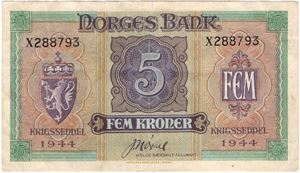 5 kroner 1944 X.288793. London utg. Kv.1/1+