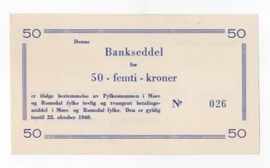 Romsdals Fellesbank 50 kroner 11.4.1940 kv. 0/01