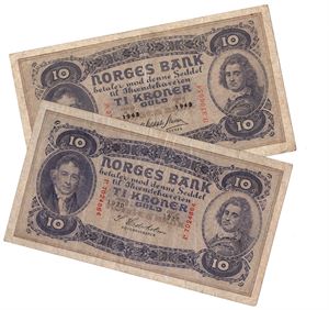 Lot. 10 kroner 1930 P og 1943 D. VK