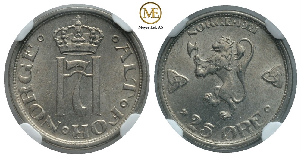 25 øre 1921 Haakon VII. Gradert til MS64 hos NGC. Kv.0