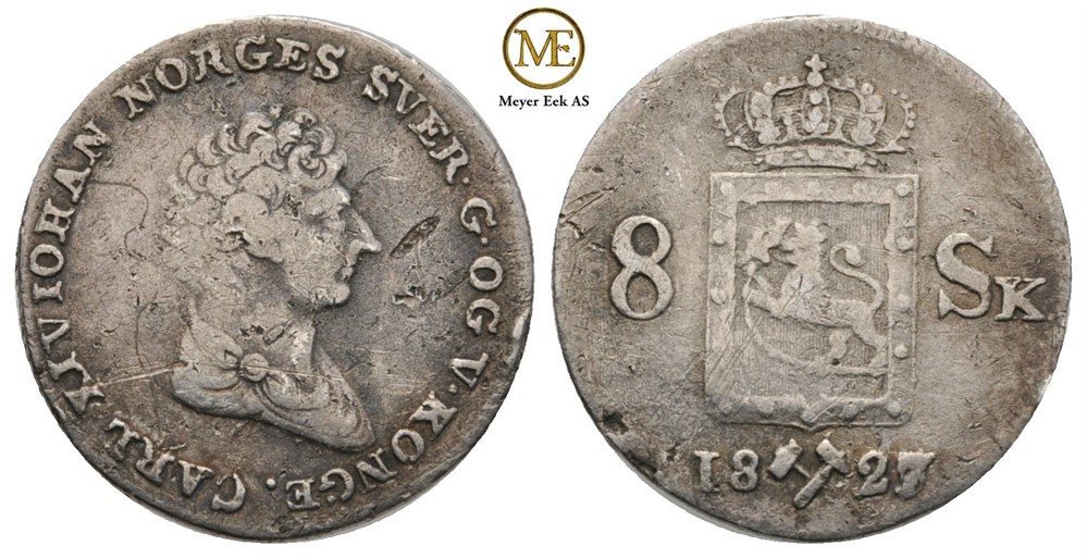 8 skilling 1827/5 Carl XIV Johan. NM.43. Kv.1/1-