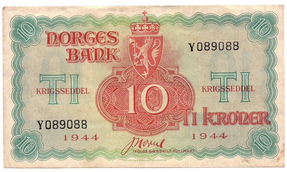 10 kroner 1944 Y.089088. London Utg. Kv.1/1+