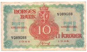 10 kroner 1944 Y.089088. London Utg. Kv.1/1+