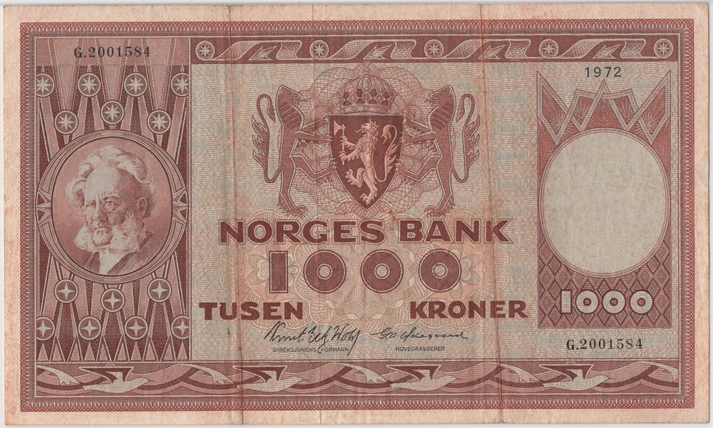 1000 kroner 1972 G.2001584 erstatningsseddel. Kv.1