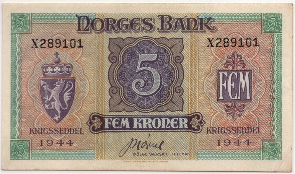 5 kroner 1944 X.289101. Kv.01