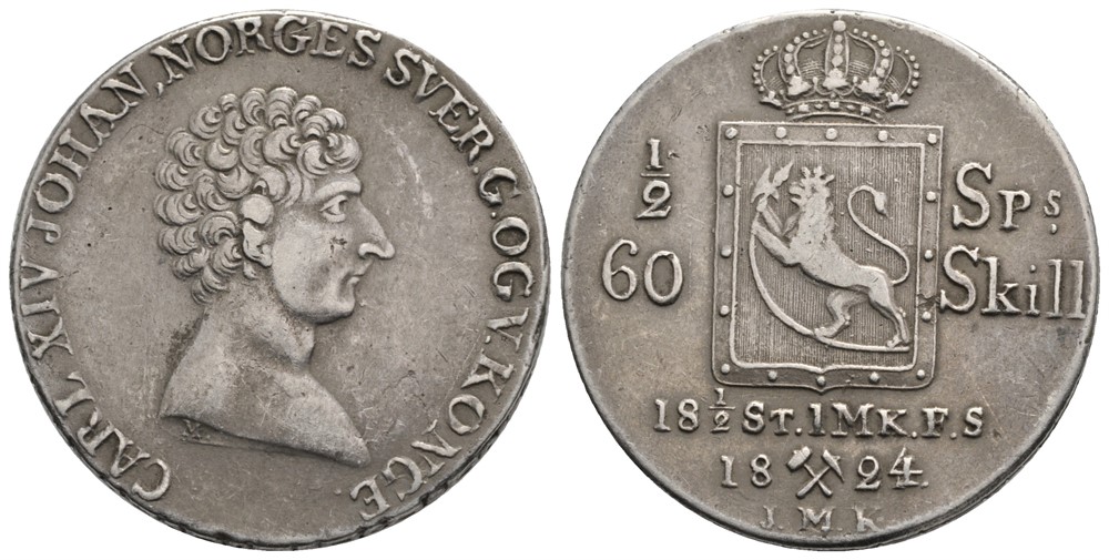 1/2 Speciedaler 1824 Carl XIV Johan. Kv.1+