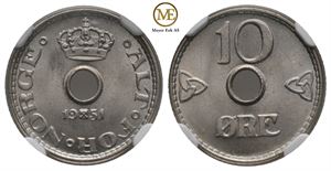 10 øre 1951 Haakon VII. MS67+. Prakt eksemplar